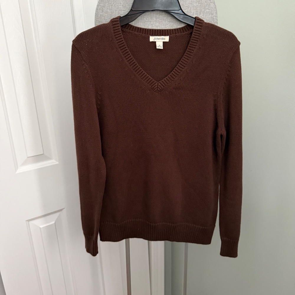 Vintage St Johns Bay Brown 100% Cotton V Neck Shaker Knit Sweater Womens Medium